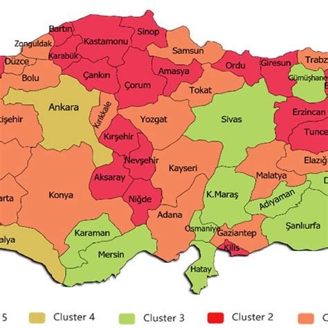 Map of Turkey by clustered cities Source: Own work In Fig. 5, cities in ...