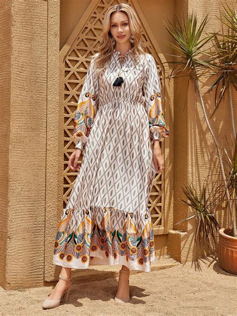 Vestido Casual Bohemio De Mujeres Con Estampado Geométrico Y Detalles