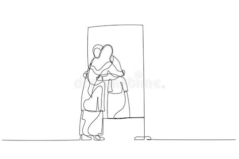 Cartoon Of Woman Wear Hijab Hugging Own Reflection On The Mirror Concept Of Self Love Single