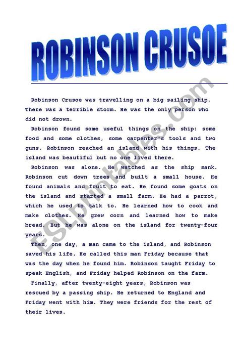 Grade 5 Robinson Crusoe Worksheet