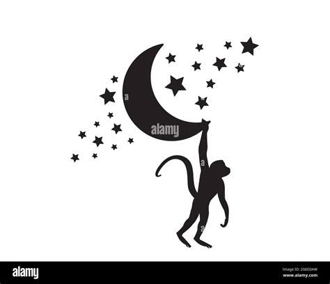 Monkey silhouette and moon with stars illustration, vector. Monkey silhouette on moon isolated ...