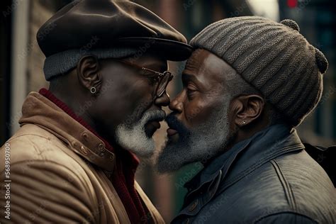 Old Aged Fashionable Black Gay Couple Deep In Love And Intimate Moment Have A Romantic Time