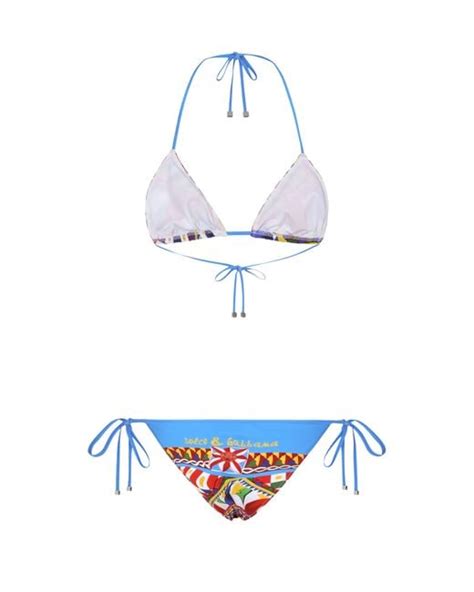 Dolce And Gabbana Triangle Bikini With Carretto Print In White Lyst