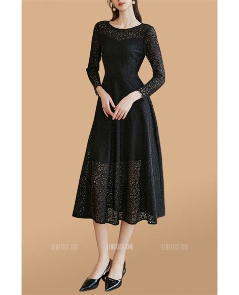 Vintage Tea Length Lace Wedding Guest Dress With Long Sleeves E86057