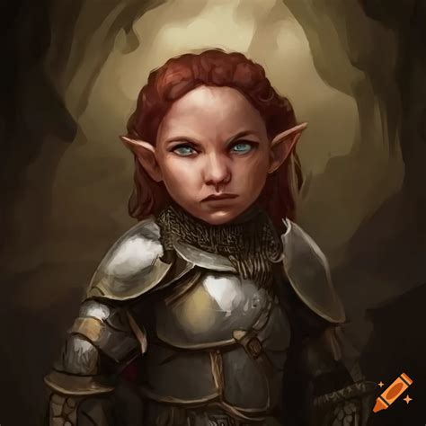 Portrait Of A Small Female Halfling Cleric In Armor Standing In A