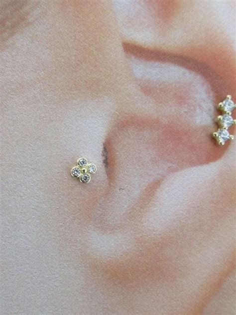 14k Solid Gold Tragus Piercing Bezel Set 4cz Labret 16g 6mm Etsy