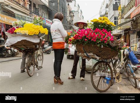 Vietnam Hanoi Flower Vendor With Bike Filled With Flowers Stock Photo