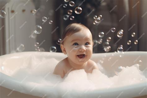 Premium AI Image | Happy laughing baby takes a bath playing with foam ...