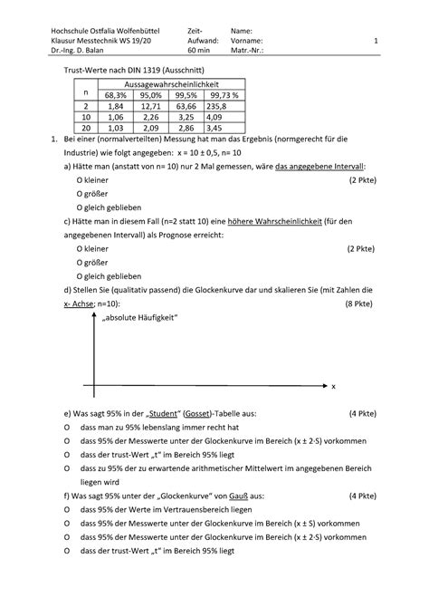 Klausur Messtechnik WS 19 20 Hochschule Ostfalia Wolfenbüttel Klausur