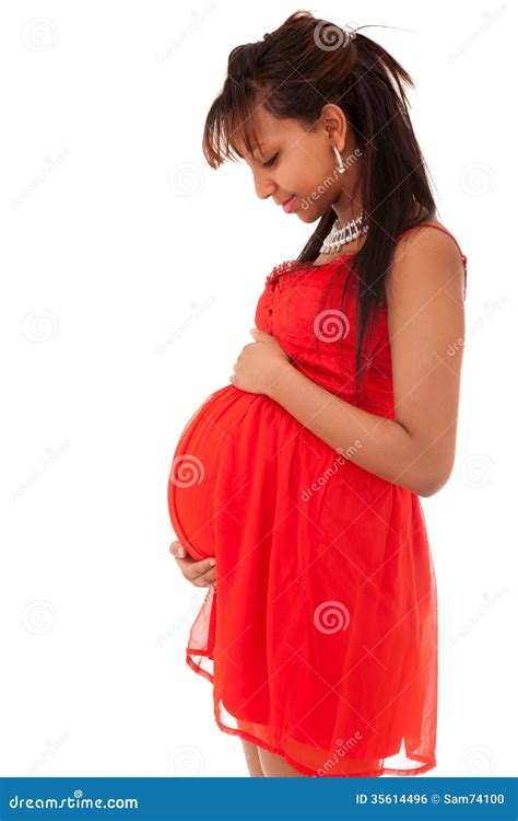 Beautiful Pregnant African American Woman Touching Her Belly B Stock