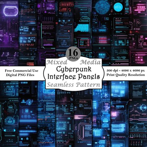 Cyberpunk Interface Panels Seamless Pattern Bundle Digital Papers ...