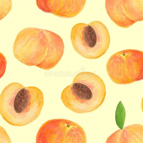 Hand Drawn Watercolor Peach Fruit Seamless Pattern Stock Photo Image