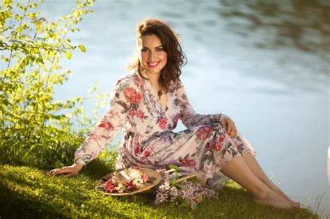 Charming Long Haired Smiling Happy Brunette Girl Attractive Model In A