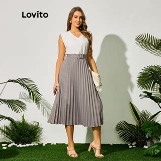 Lovito Elegante Saia Feminina Lisa Plissada Cinto E Fecho Lateral