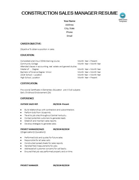 Construction Sales Manager Resume Templates At Allbusinesstemplates