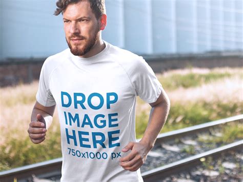 Placeit Sports T Shirt Mockup Of A Man Running Near Some Train Tracks