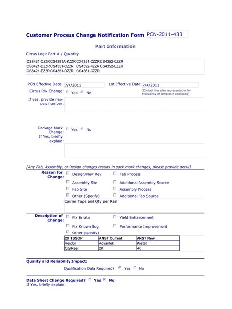 Fillable Online Customer Process Change Notification Form PCN 2011 433