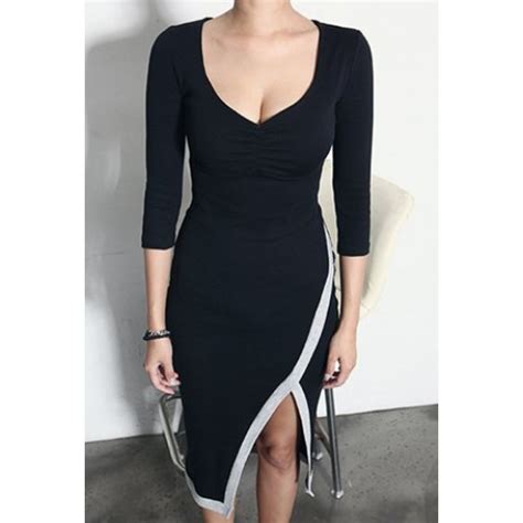 Sexy Plunging Neck 3 4 Sleeve Furcal Bodycon Dress For Women Black Red