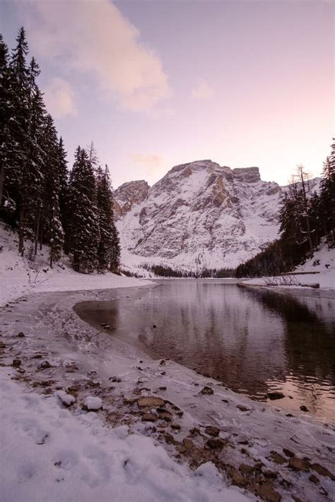 Winter Landscape at Lake of Braies Stock Image - Image of dolomites ...