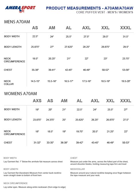 Mens And Womens Core Puffer Jacket Sizing Chart Amerasport