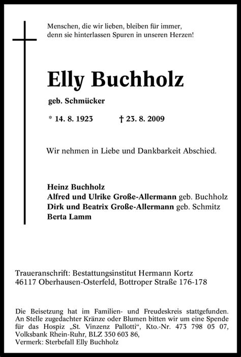 Traueranzeigen Von Elly Buchholz Trauer In NRW De