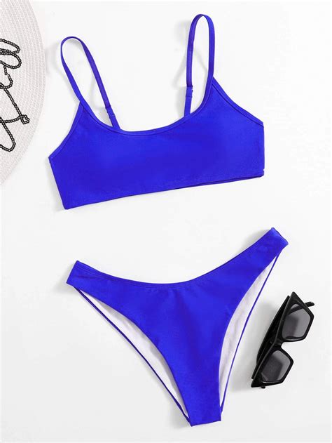 Bañador bikini unicolor corte alto Azul eléctrico