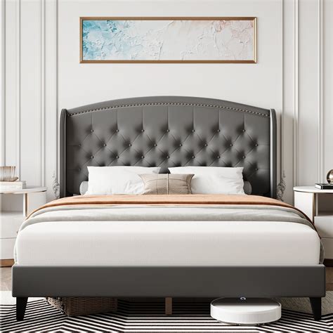 Homhougo—King Size Bed Frame, Platform Bed Frame King with Upholstered Wingback Headboard, Bed ...