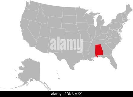 US State Alabama Map Highlighted In Alabama Flag Colors Gray Map With