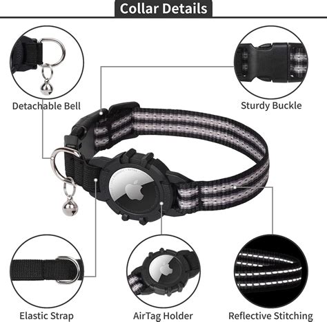 Feeyar Black Reflective Gps Airtag Cat Collar With Bell Lightweight