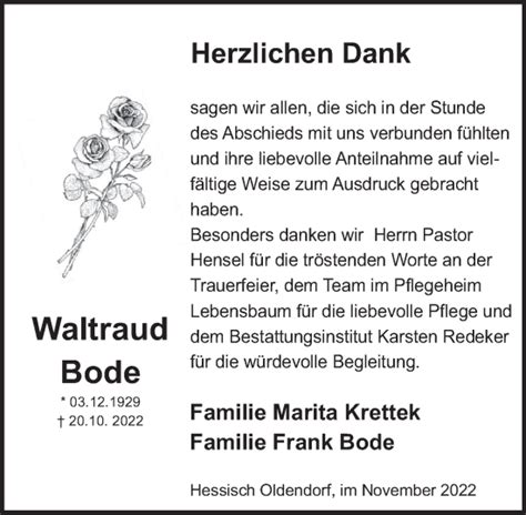 Traueranzeigen Von Waltraud Bode Trauerportal Ihrer Tageszeitung