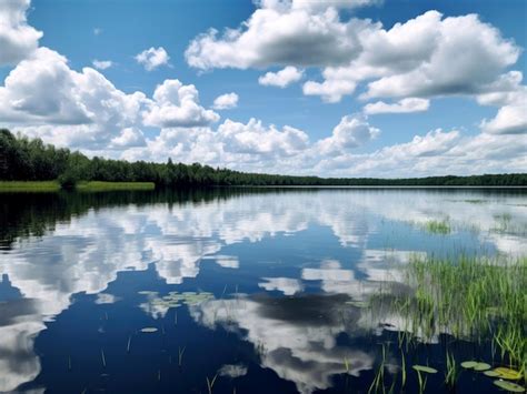 Premium AI Image A Lake With Water And Sky With White Puffy Clouds