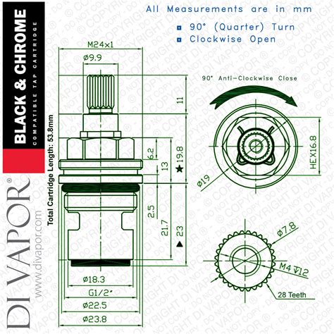 Lamona Black And Chrome TAP3630 Hot Tap Cartridge 28 Splines Compatible Spare Howdens