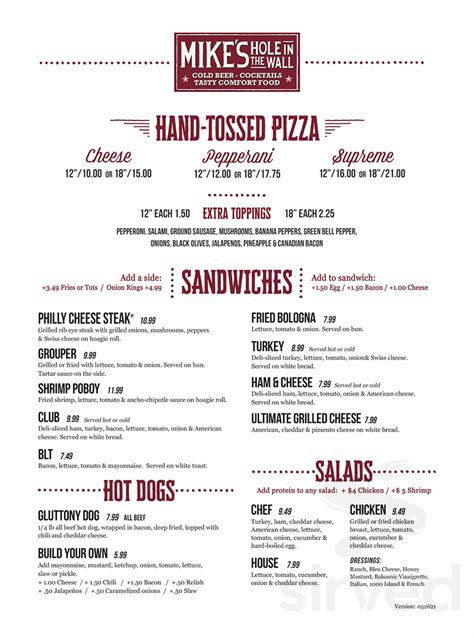 Mike's Hole in the Wall menu in Chattanooga, Tennessee, USA