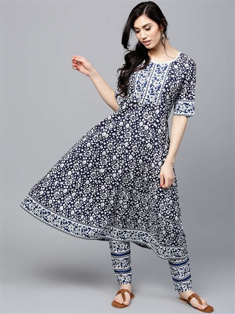 Buy AKS Women Navy White Printed Anarkali Kurta Kurtas For Women