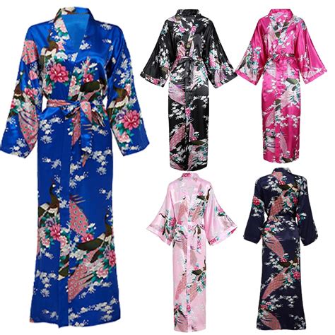 Women Long Robe Print Flower Peacock Robe Kimono Bathrobe Gown Bride Bridesmaid Wedding Robes