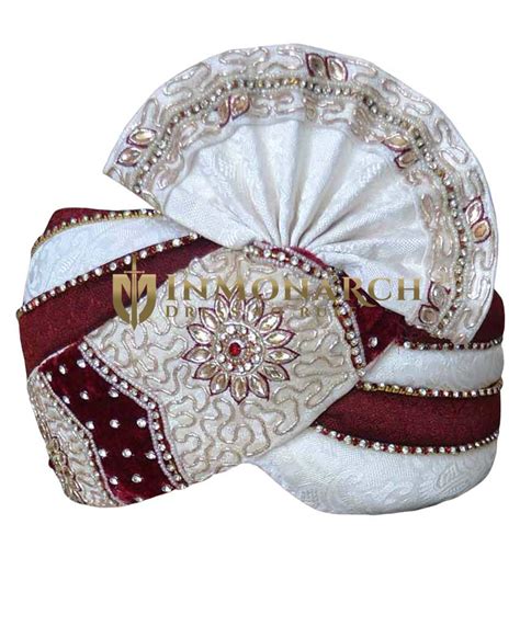 Cream And Maroon Combination Turban Pagari Safa Groom Hats Inmonarch