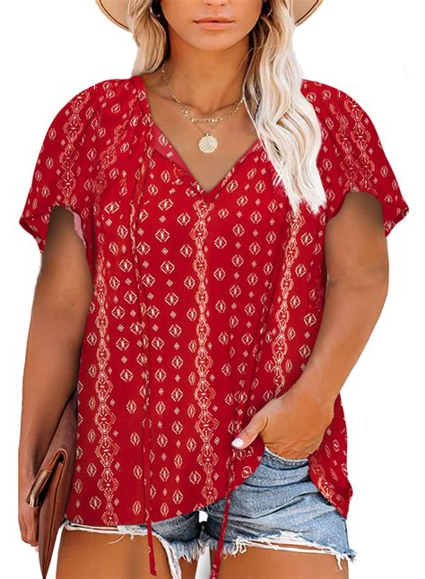 Eytino Women Plus Size Boho Floral Printed Tops Casual V Neck Long