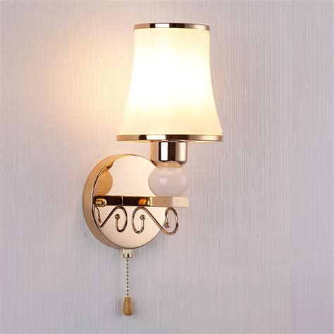 Indoor 7w Led Wall Sconce Light Pull Switch Bedside Lamp E27 Bulb Glass Lampshade Corridor Lobby