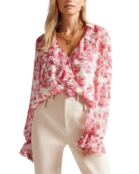 Ted Baker Synthetic Laurent Printed Ruffled Blouse In White Lyst