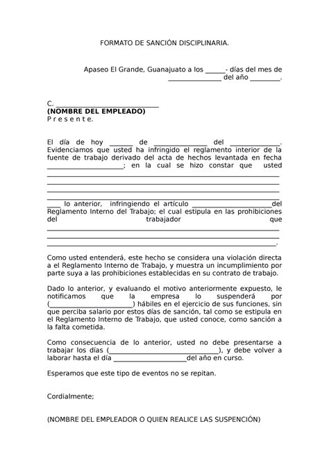 Carta De Sanci N Disciplinaria A Trabajador Formato De Sanci N