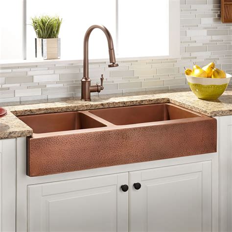 33 Vernon 60 40 Double Bowl Hammered Copper Retrofit Farmhouse Sink