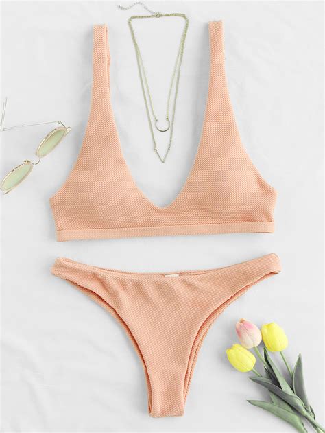 Plunge Neckline Open Back Bikini Set SheIn Sheinside