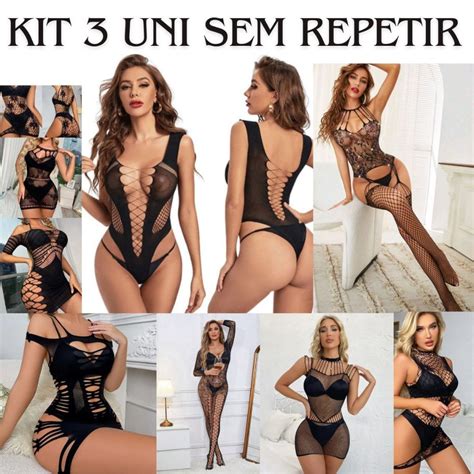 Kit 3 Lingerie Vestido sexy de malha arrastão transparente malha sem repertir Shopee Brasil