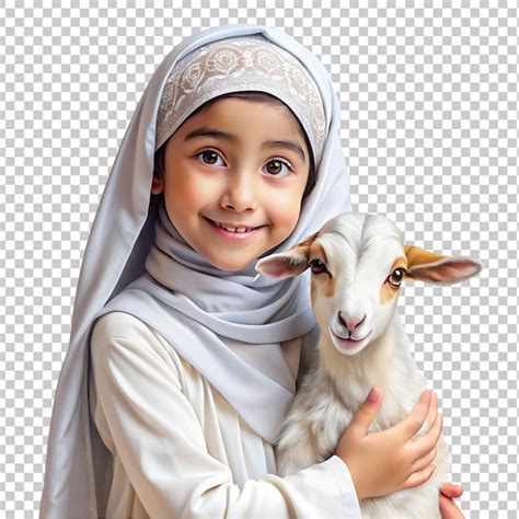 Premium Psd Cartoon Young Arabian Girl Holding A Goat