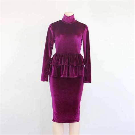 Turtleneck Pleated Velour Dress 2018 Europe A Line Velvet Dresses High ...