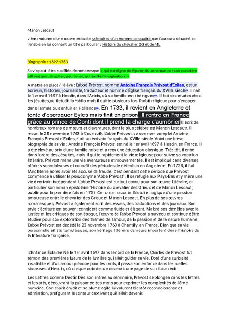 Manon Lescaut cours - Manon Lescaut 7 ème volume d’une œuvre intitulée