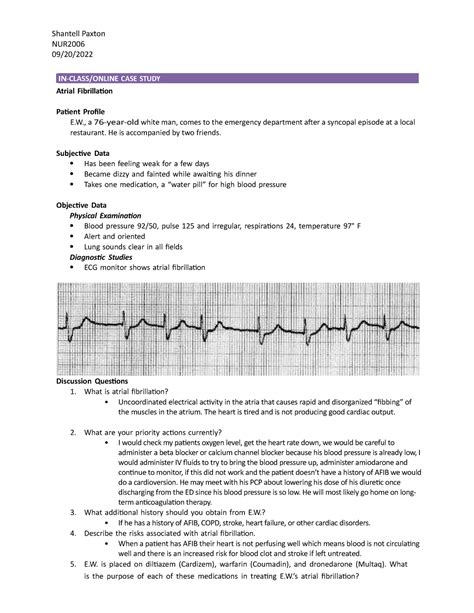 Afib Case Study Shantell Paxton Nur In Class Online Case Study