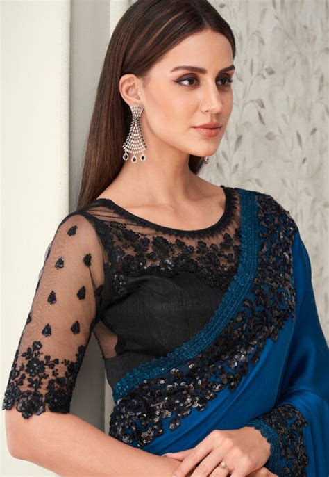 Buy Embroidered Border Satin Georgette Saree In Royal Blue Online