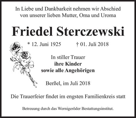 Traueranzeigen Von Friedel Sterczewski Abschied Nehmen De