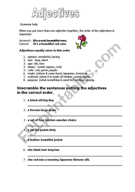 Adjective Order Esl Worksheet By Bitsnbobs